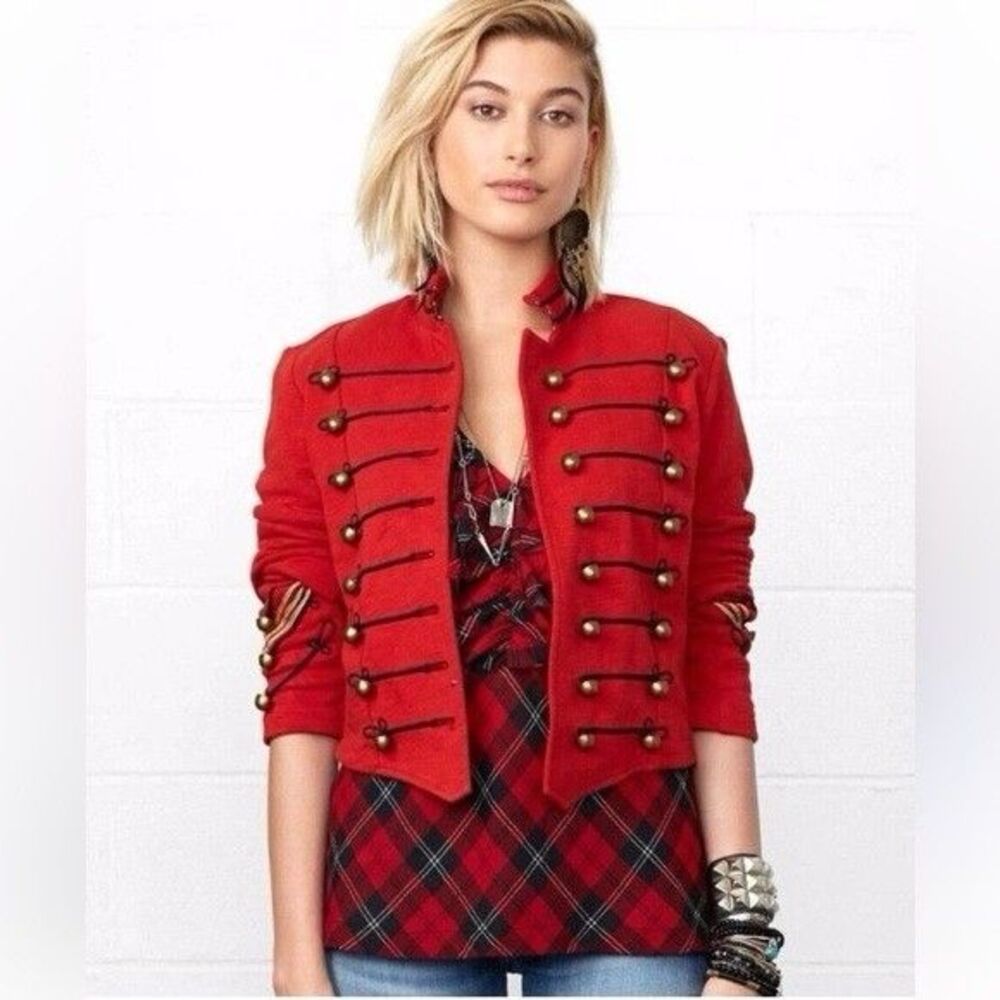 VTG Denim Supply Ralph Lauren Military Army Cropped Slim Band Jacket Size M Red - Picture 3 of 10